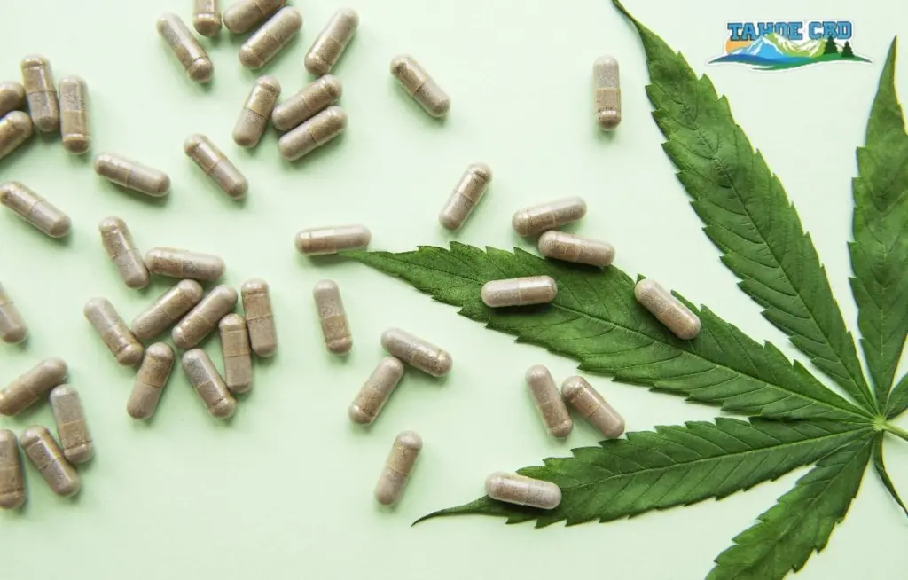 Hand holding capsule - “Using Tahoe CBD softgel for stress support”