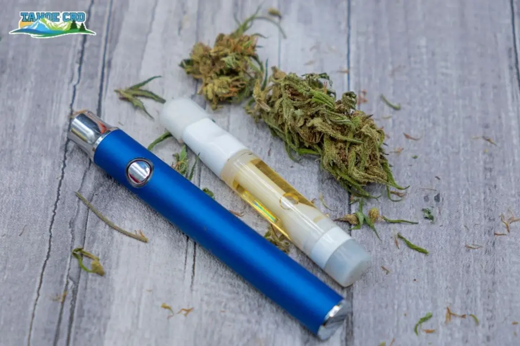 Vape pen set against the backdrop of the city – “CBD vape pen used in downtown Atlanta”